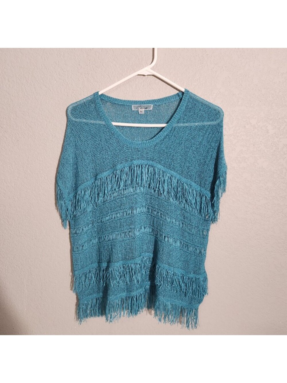 Cecico Womens Fringe Lightweight Knit Sweater Turquoise M Casual Pullover